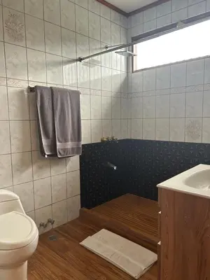 a bathroom with a shower and a toilet and a sink at Casa Familiar la Tortuga in Heredia