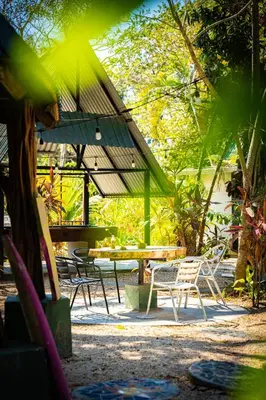 a group of chairs and a table in a yard at Pura Vida Mini Hostel Santa Teresa in Santa Teresa Beach