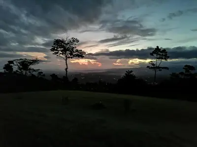 a sunset over a field with trees on a hill at La Tigra Mountain House in San Gerardo