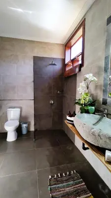 a bathroom with a shower and a toilet and a sink at Canal Grande Lodge in Piedades