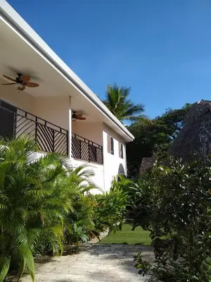 a white house with palm trees in front of it at Palm Beach Inn in Playa Grande