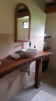 a bathroom with a sink and a mirror at Coffee Garden Ranch Costa Rica in Concepción
