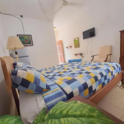 a bedroom with a bed with a blue and yellow at Georgi, Junquillal in Playa Junquillal