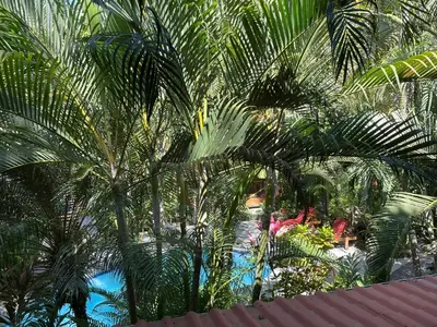 a view of a resort with palm trees and a pool at Anam Apartments in Santa Teresa Beach