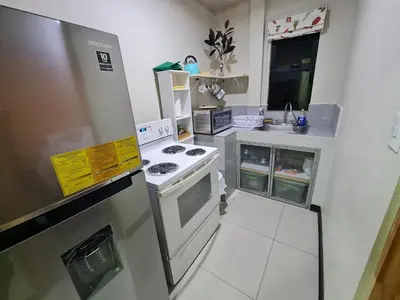 a small kitchen with a stove and a sink at Fully-equipped 2-bedroom apartment in San José in San José