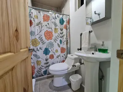 a bathroom with a toilet and a sink and a shower curtain at Fully-equipped 2-bedroom apartment in San José in San José