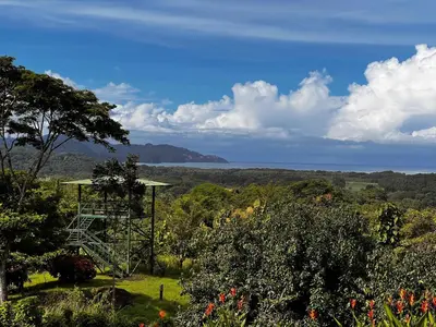 a view of the ocean from a hill with a tower at Tarcoles Birding Lodge in Tarcoles