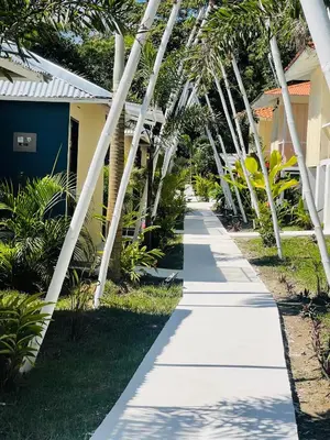 a walkway in front of a house with palm trees at Grand Park Manuel Antonio - Adults Only in Manuel Antonio