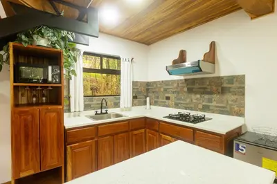 a kitchen with wooden cabinets and a sink and a window at Casas Clusia in Monteverde Costa Rica