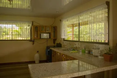 a kitchen with a counter top and two windows at Green House in Samen