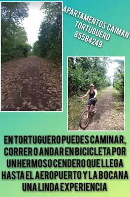 a collage of pictures of a person riding a bike on a trail at Apartamentos Caimán 3 in Tortuguero