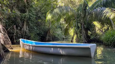 a boat sitting on the water in the jungle at Playa Ganadito Ecolodge in Drake