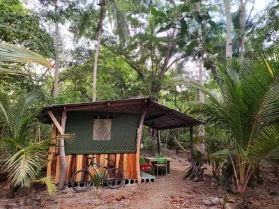 a small shack with a bike parked in front of it at Jungle Tent 3x3, Latino Glamping & Tours, Paquera in Paquera