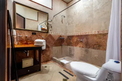 a bathroom with a sink and a toilet and a tub at Hotel Majestad in San José