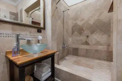 a bathroom with a sink and a shower at Hotel Majestad in San José