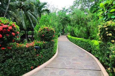 a walkway in a park with flowers and plants at Villa del Sueño in Playa Hermosa