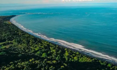 an aerial view of a beach and the ocean at Casita El Sonido de las Aves in Uvita