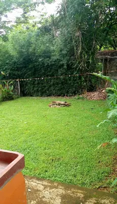 a yard filled with green grass next to a fence at Casita El Sonido de las Aves in Uvita