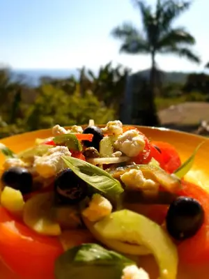 a plate of food with peppers and olives at Palmetto Lodge in Playa San Miguel
