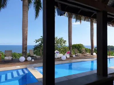 a view of a swimming pool with palm trees and the ocean at Palmetto Lodge in Playa San Miguel