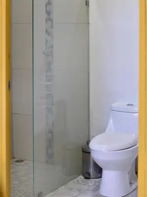 a bathroom with a toilet and a glass shower at Guesthouse Congo Tempisque in Liberia