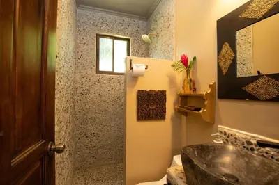 a bathroom with a sink and a toilet and a mirror at Villa Palmeras with jungle views pool near MA in Quepos