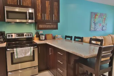a kitchen with a stove and a microwave at Cabo Velas Estates in Playa Grande