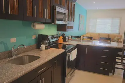 a kitchen with a sink and a stove top oven at Cabo Velas Estates in Playa Grande
