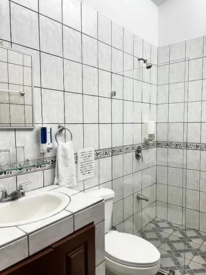 a white bathroom with a toilet and a sink at Hotel Arenal Rabfer in Fortuna