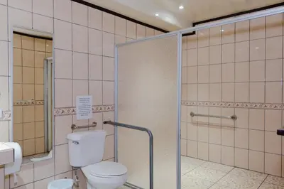 a bathroom with a toilet and a glass shower stall at Hotel Arenal Rabfer in Fortuna