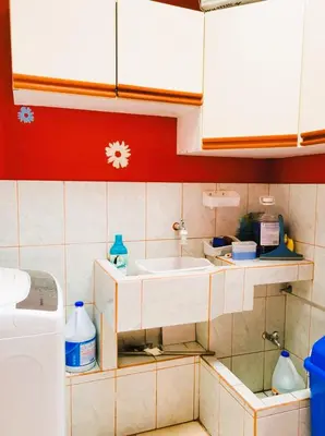 a kitchen with a sink and a washing machine at Casa Flores in Heredia