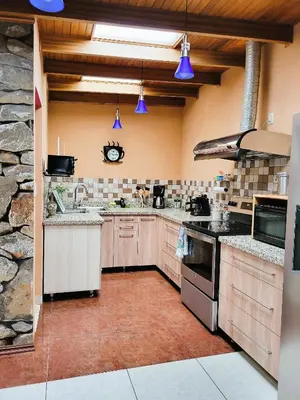 a large kitchen with wooden cabinets and appliances at Casa Flores in Heredia