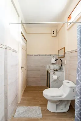 a bathroom with a toilet and a shower at Casa Chilamates 2.0 in Tortuguero