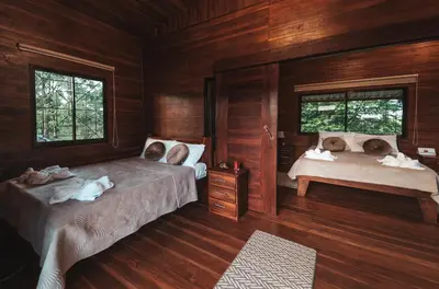 two beds in a room with wooden walls at Cabañas Don Ramiro in Colonia Dos Ríos