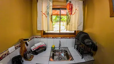 a small kitchen with a sink and a window at Bungalows Las Iguanas Arenal Volcano in Fortuna