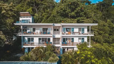 an aerial view of a house on a hill with trees at Buena Vista Ocean View Apartments Santa Teresa in Santa Teresa Beach