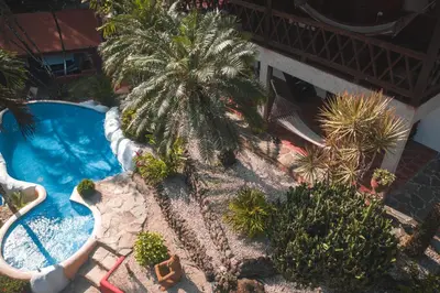 an overhead view of a swimming pool with trees and plants at Hotel El Jardin in Montezuma