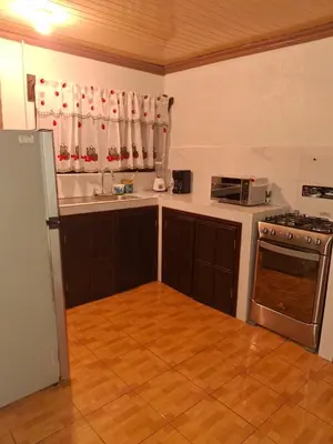 a small kitchen with a stove and a refrigerator at Garden House in Fortuna