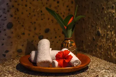 a plate with towels and a vase with a flower at La Cusinga Lodge in Uvita