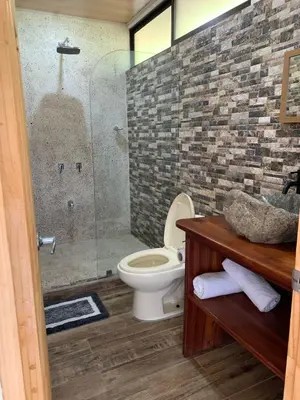 a bathroom with a toilet and a glass shower at Villas In Sueño in Manuel Antonio