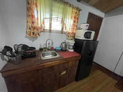 a small kitchen with a sink and a black refrigerator at Poas Volcano Rooms in Fraijanes