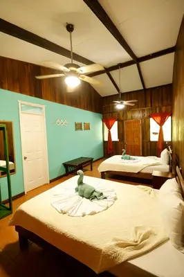 a room with two beds and a green frog on the bed at Turtle Beach Lodge in Tortuguero
