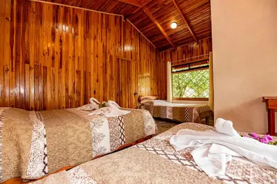 two beds in a room with wooden walls at Cabañas La Pradera in Monteverde Costa Rica