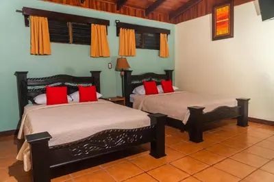 two beds in a room with red pillows at Catarata Eco Lodge in Fortuna