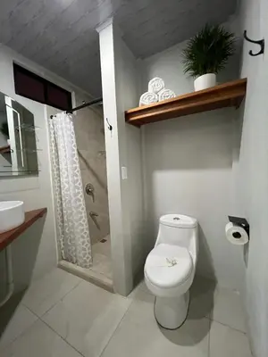 a bathroom with a toilet and a shower and a sink at La Posada del Mar in Dominical