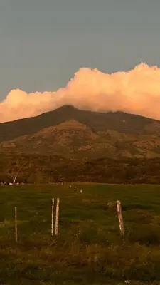 a grassy field with a mountain in the background at Miravalles Volcano House in Guayabal