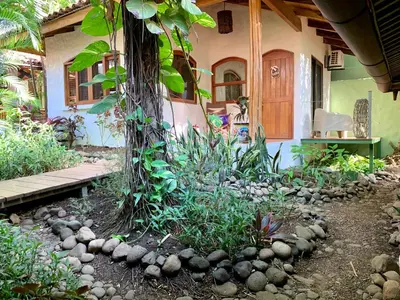 a garden in front of a house with a tree at Sueño del Mar Beachfront Hotel in Tamarindo