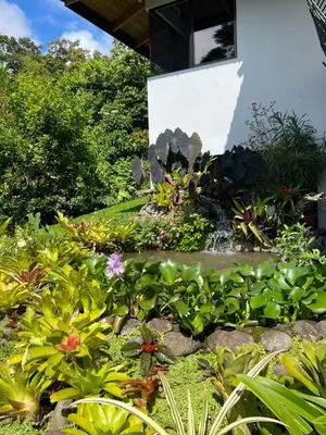 a garden with flowers and a waterfall in front of a building at Bromelia House in San Gerardo