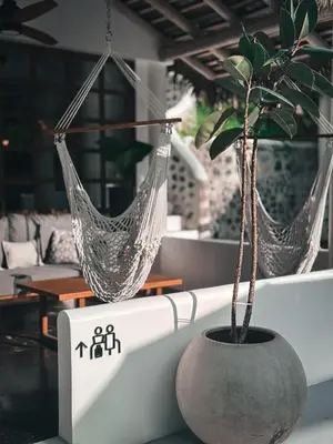 a plant in a vase on a table with hammocks at Vayu Retreat Villas in Coronado