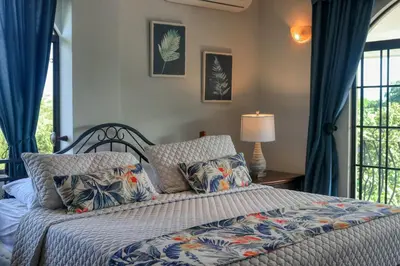 a bedroom with a bed with blue curtains and a window at Casa Mimosa in Playa Flamingo